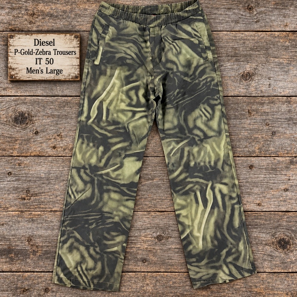 Diesel P-Gold-Zebra Trousers Mens IT 50 Large Olive Green Abstract Zebra Pants